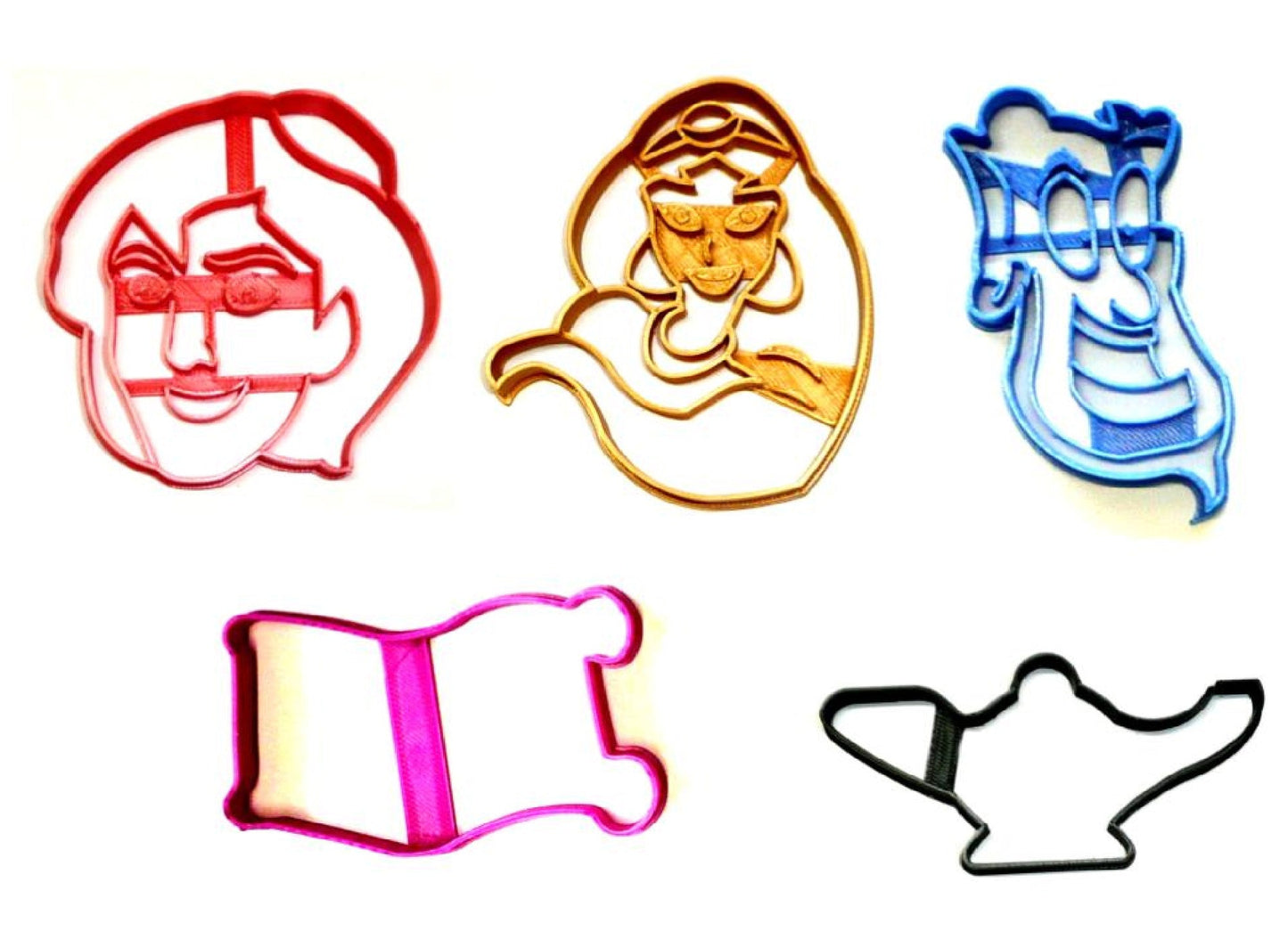 Aladdin Princess Jasmine Blue Genie Lamp Bottle Flying Magic Carpet Fictional Movie Characters Set of 5 Cookie Cutter USA PR1287